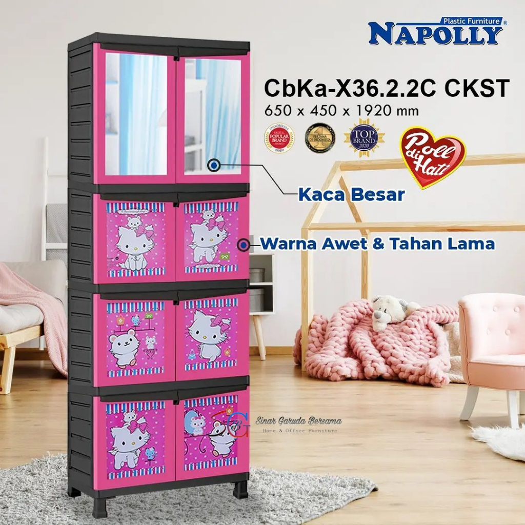 LEMARI PLASTIK ANAK KARAKTER HELLO KITTY + KACA / LEMARI PLASTIK SERBAGUNA FULL RAK ANAK CEWEK PEREM