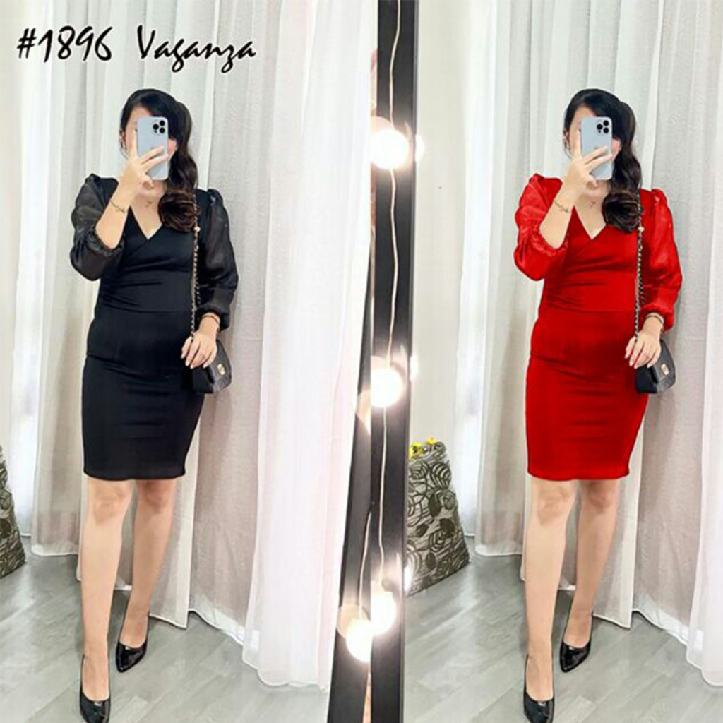 SP4 1896: Dress Pendek Lengan Panjang Leher V Gaya Korea - Bahan Vaganza Stretch Halus - Cocok untuk