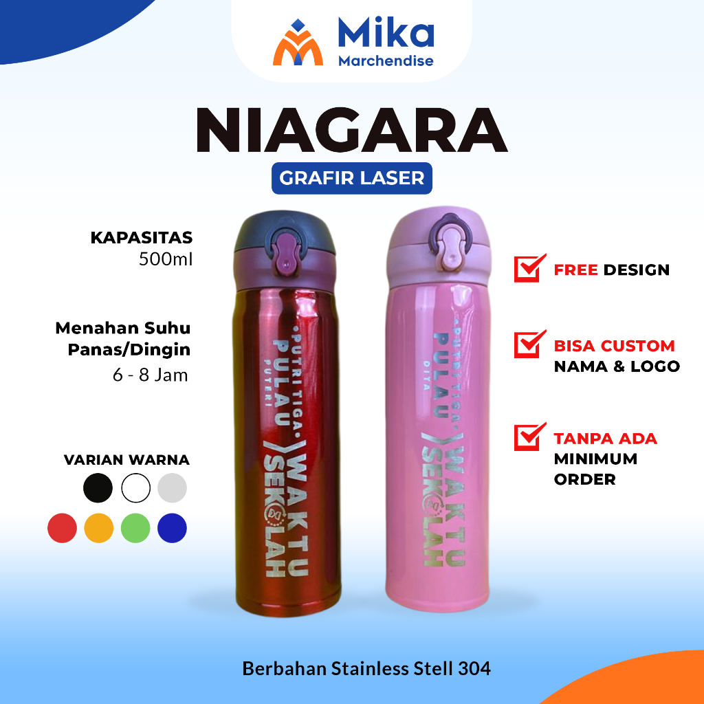 Tumbler Custom Niagara Laser Grafir Nama/Logo/Karakter Souvenir Botol Minum Termos Air Panas Dan Din