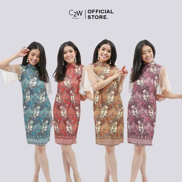 C2W Clothtowear Dress Batik Wanita All Size Satin Women's Clothes Tile Arm Span 727-YBB