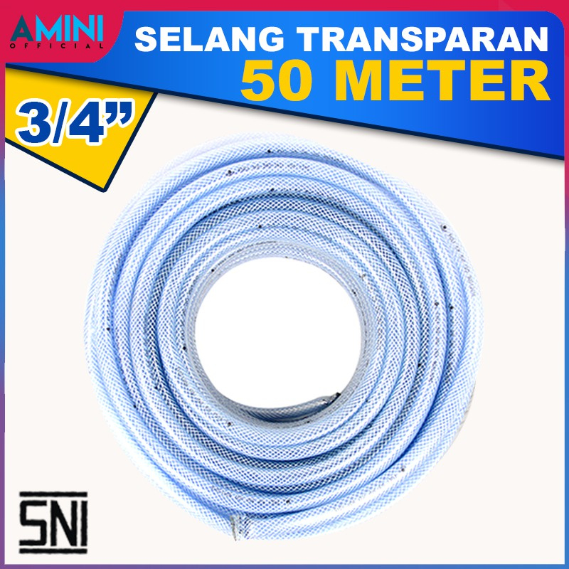 AMINI Selang Air 3/4 Inch 50 Meter Selang Air Serat Benang Transparan Tebal 2 mm Alat Cuci Motor Mob