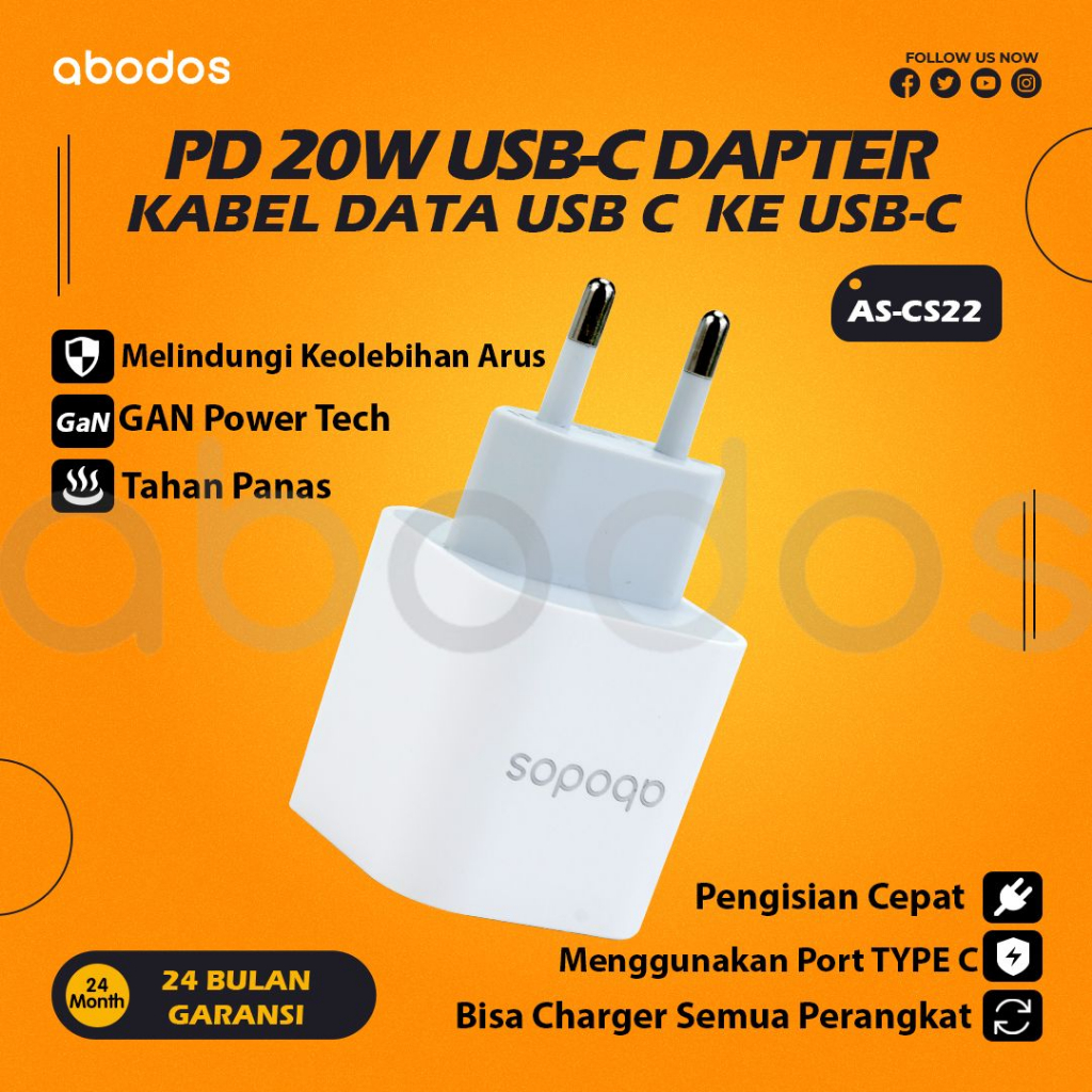 Abodos USB-C 20W PD Adapter Menggunakan Port TYPE C