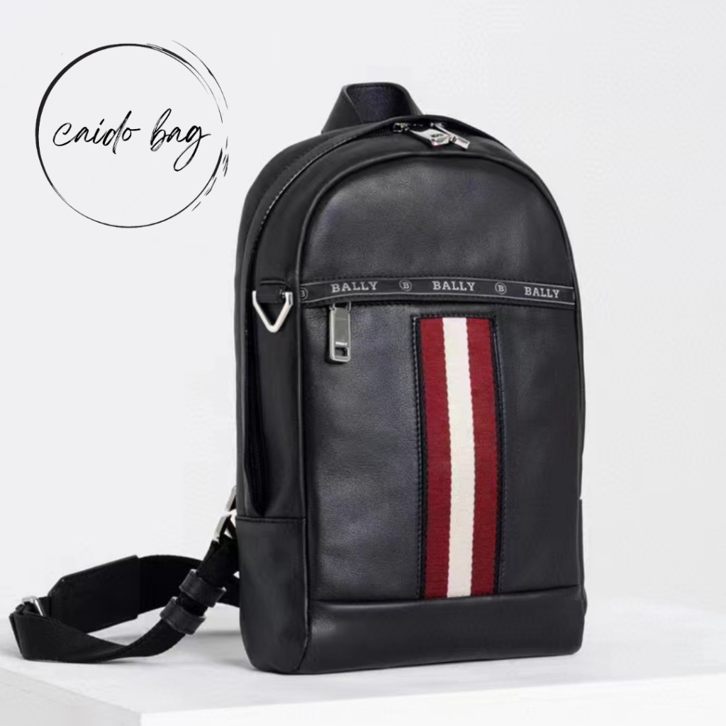 Tas pria Bally HARI sling bag zipper full leather black stripe red