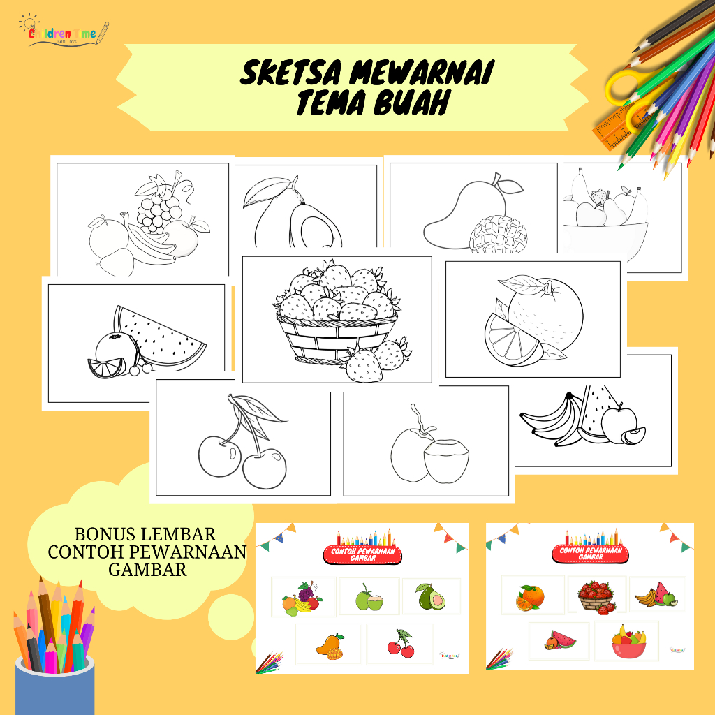 GAMBAR MEWARNAI TEMA BUAH/SKETSA GAMBAR BUAH/MEWARNAI