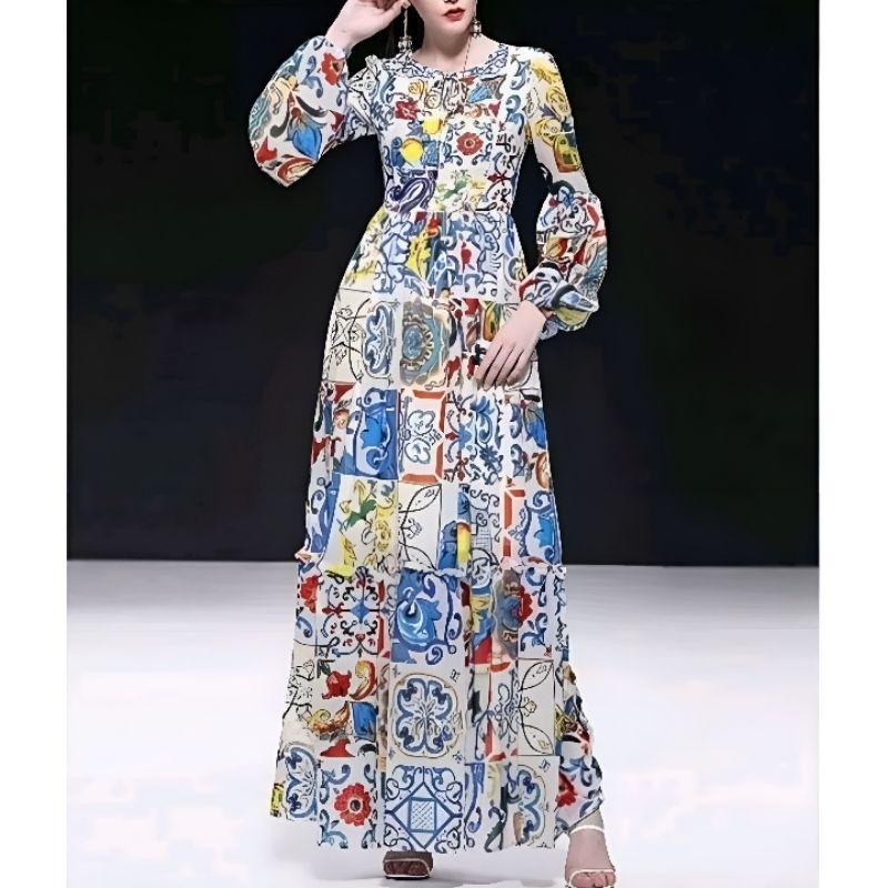 ALICE Maxi Dress Lengan Panjang Balon New Arrival Murah - Gaun Wanita Bahan Ice Silk Crepe Import Mo