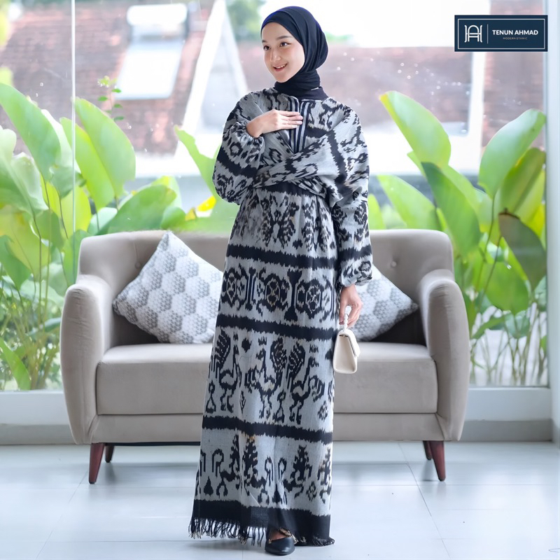 TENUN AHMAD Meyra Dres Gamis tenun etnik motif Sumba premium Abu/Silver