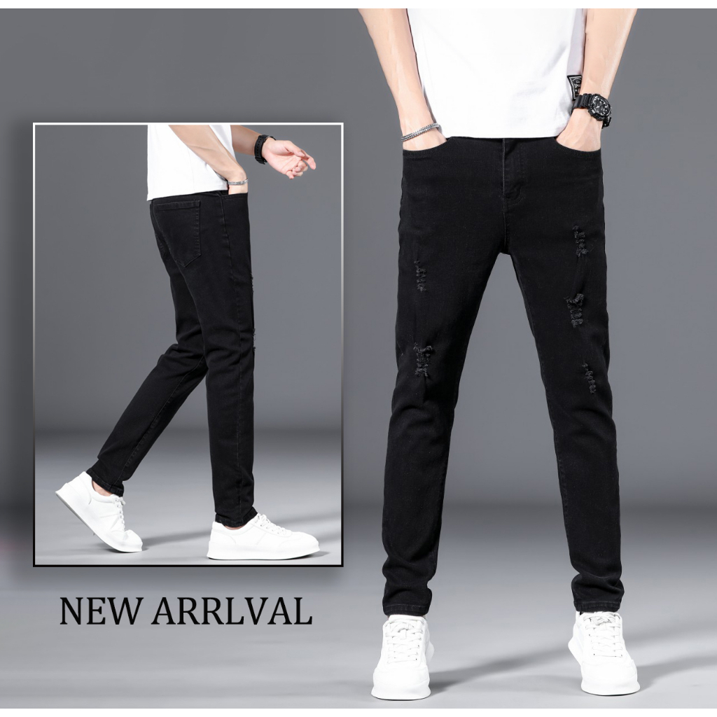 celana jeans pria hitam slim fit sobek stretch pensil jeans laki laki dewasa keren