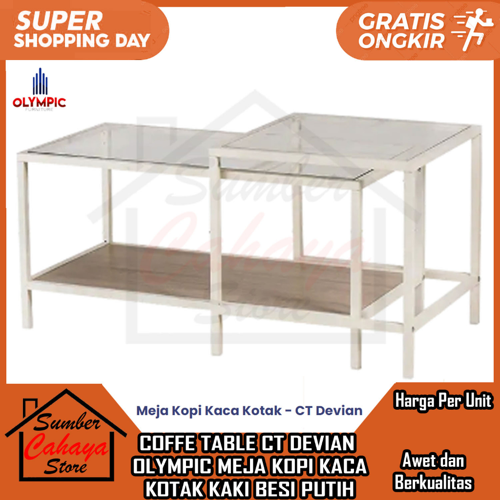 [Instant] COFFE TABLE CT DEVIAN OLYMPIC MEJA KOPI KACA KOTAK KAKI BESI PUTIH MINIMALIS LESEHAN SOFFA