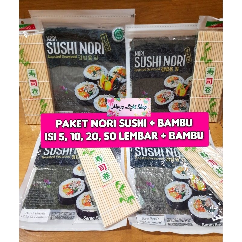

Paket nori 5 lembar 10 lembar 20 lembar + bambu 1 sushi nori java sakao bamboo murah halal bahan sushi nori kimbap bento rumput laut sushimat