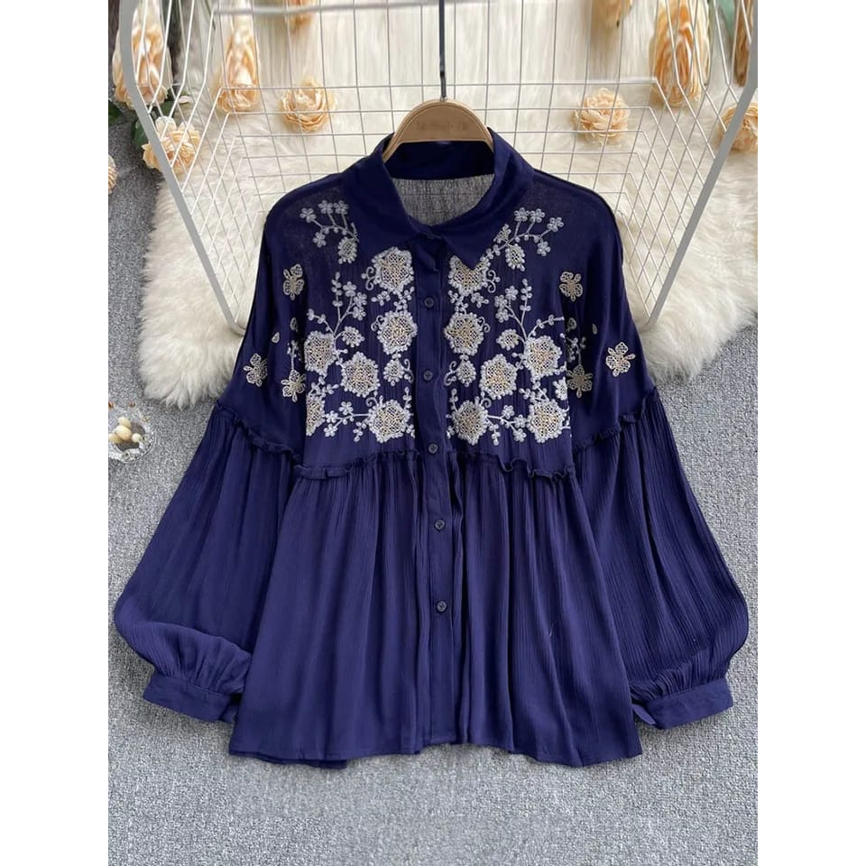 Blouse Wanita Terbaru Bunga Blus Motif Bordir Atasan Cewek Korean Style Fashion Muslim Pakaian Kerja