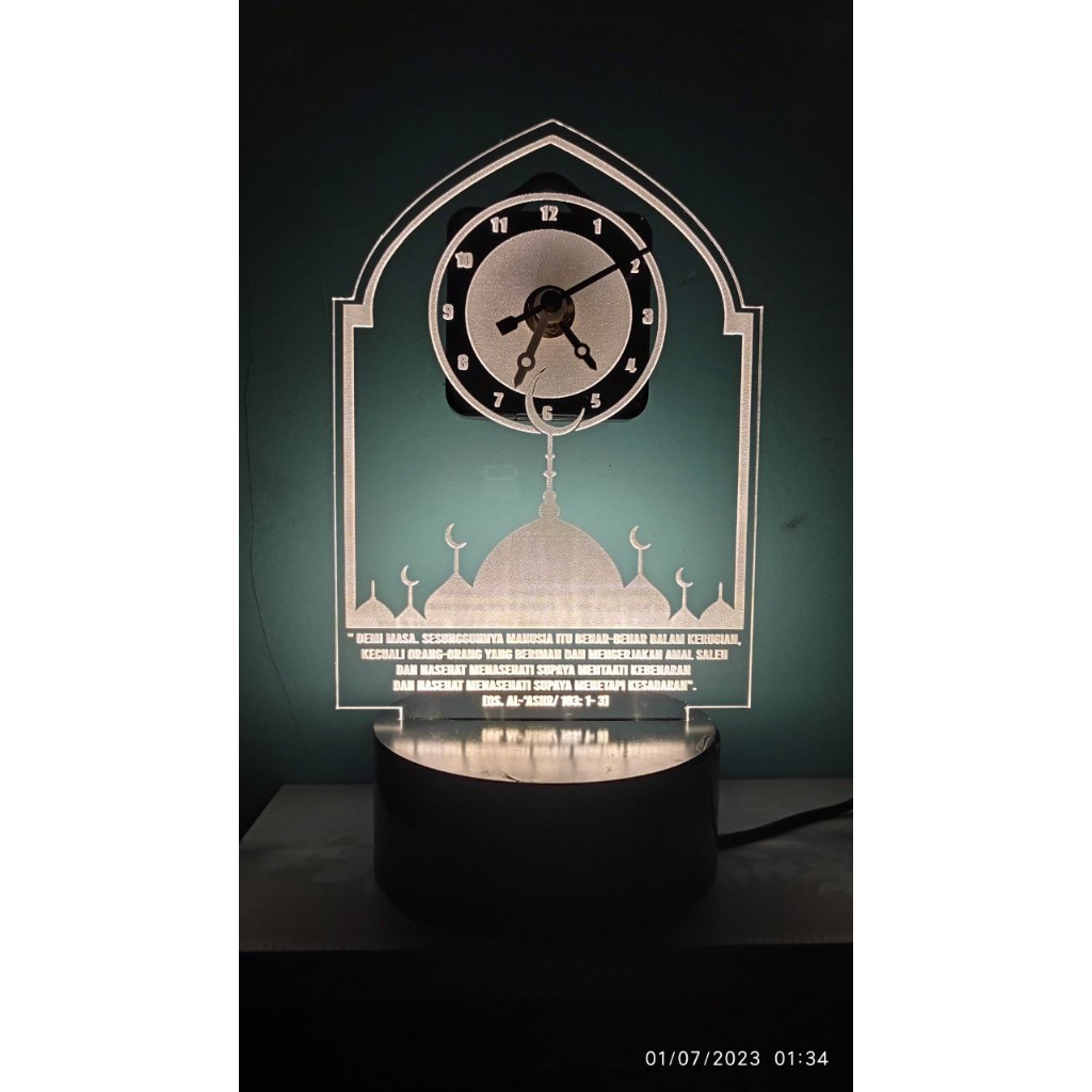 Jam hias lampu akrilik islami lengkap dengan charger