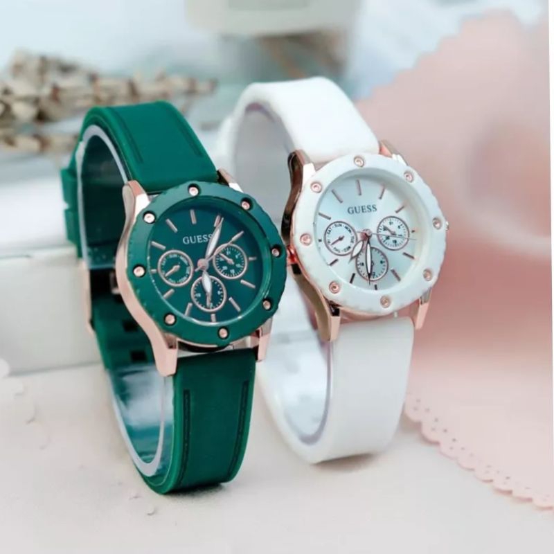 (Cod)Jam Tangan Wanita Fashion Gues Crono3 Baut Varisi Strap Karet/Rubber(Dikirim Jakarta)