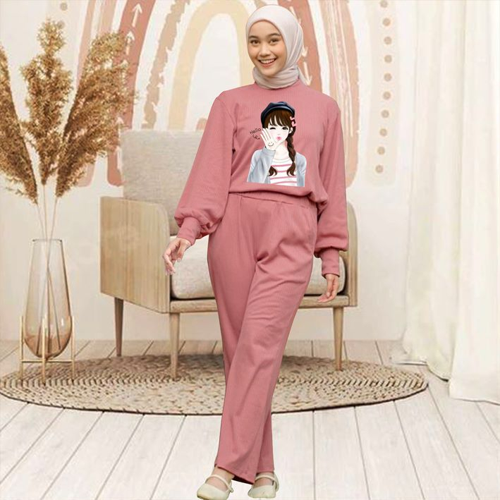 Setcel Lengan Panjang Manset Bahan Babyterry Digital Print Cewek Hello / Setelan Celana Kekinian Ld 