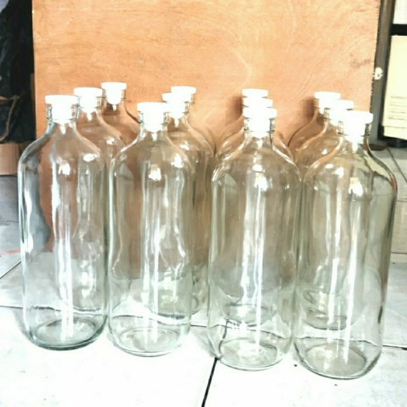 Botol kaca 1 liter + Tutup Putih baru / Botol Jamu 1 liter / Botol Bensin 1 liter