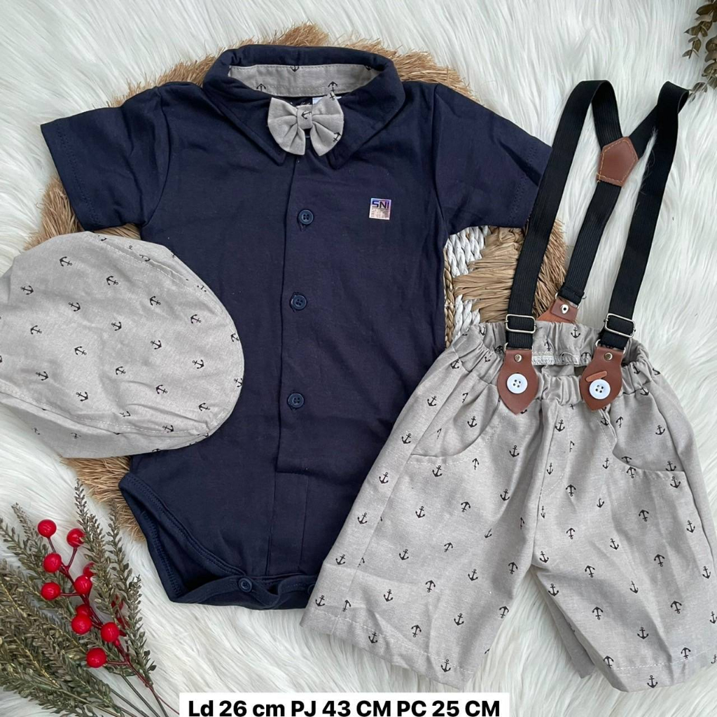 SUSPENDER ANAK BAYI COWOK SETELAN BAJU JUMPER SET SUSPENDER BERTOPI DASI