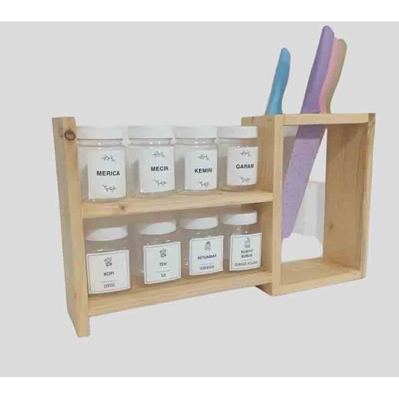 tempat bumbu dapur/rak kombinasi tempat bumbu dapur pisau /rak kayu tempel dinding