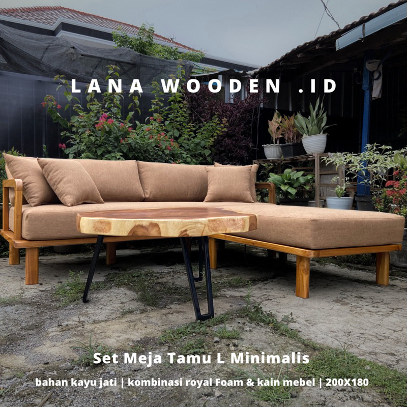set sofa minimalis terbaru L bahan kayu jati solid berkualitas kombinasi royal foam dan kain mebel s