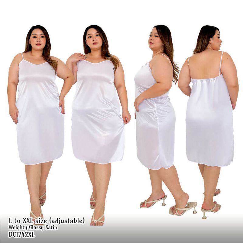 Daster wanita sexy baju tidur satin bigsize big size jumbo bawah lutut putih 1742WDR_XL