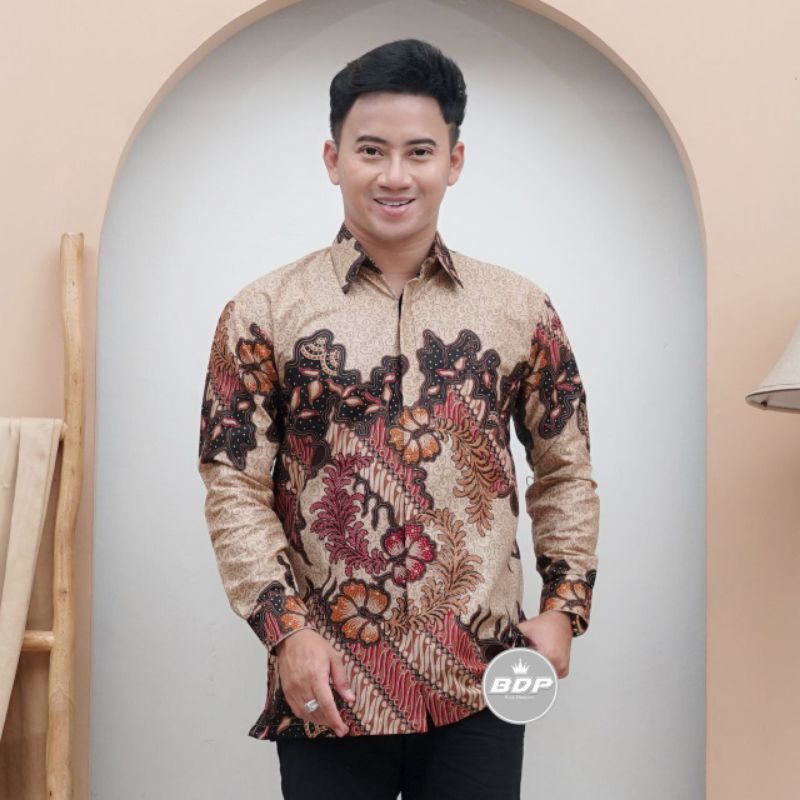 ATASAN KEMEJA BATIK PRIA COWOK LENGAN TANGAN PANJANG SIMPLE PREMIUM MODERN MODIS KEKINIAN WARNA COKL