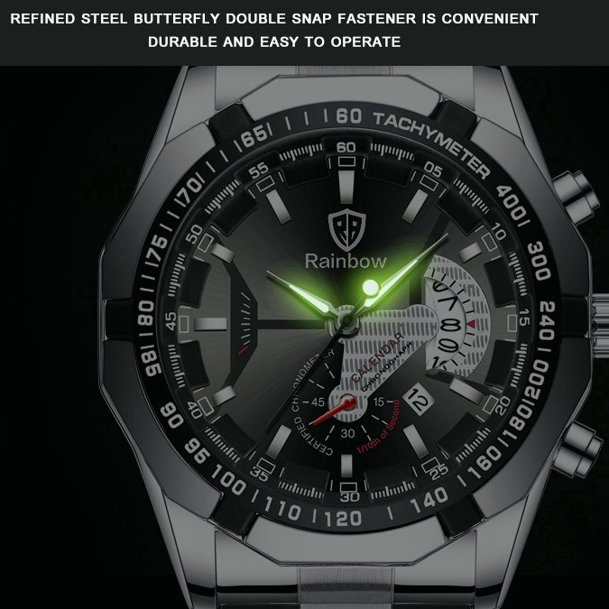 Rainbow COD Asli Jam Tangan Pria Tahan Air Anti Gores Mewah Stainless Steel Watch (Free Box + Card)-7