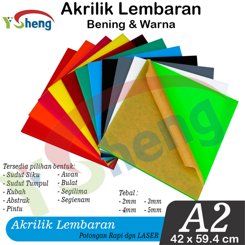 Akrilik Lembaran A2  2mm, 3mm, 4mm, 5mm / Akrilik Bening, Akrilik Warna / Merk AM Adiwarna Mika / Ac