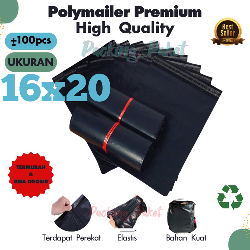 

Plastik Packing Polymailer Warna Hitam PREMIUM 16x20 isi 100 pcs Tebal