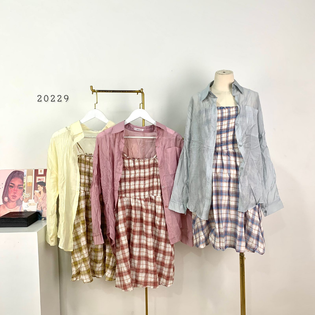 DRESS WANITA 2IN1 MINA INNER KOTAK OUTER KEMEJA OVERSIZE CASUAL MINI DRESS WANITA 2IN1 INNER OUTER C