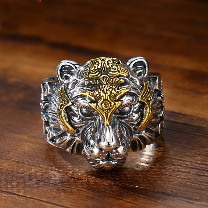 Cincin Harimau Silver Gold / Cincin Pria Kepala Macan Gaya Retro Ukuran Bisa Disesuaikan / Adjustabl