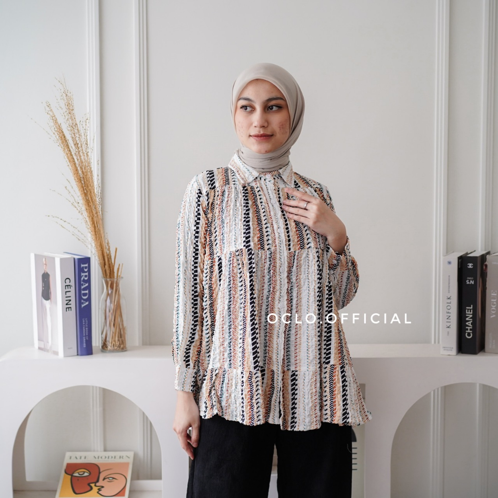 Oclo Chieri Blouse atasan wanita crinkle ovesize bunga motif flower Casual