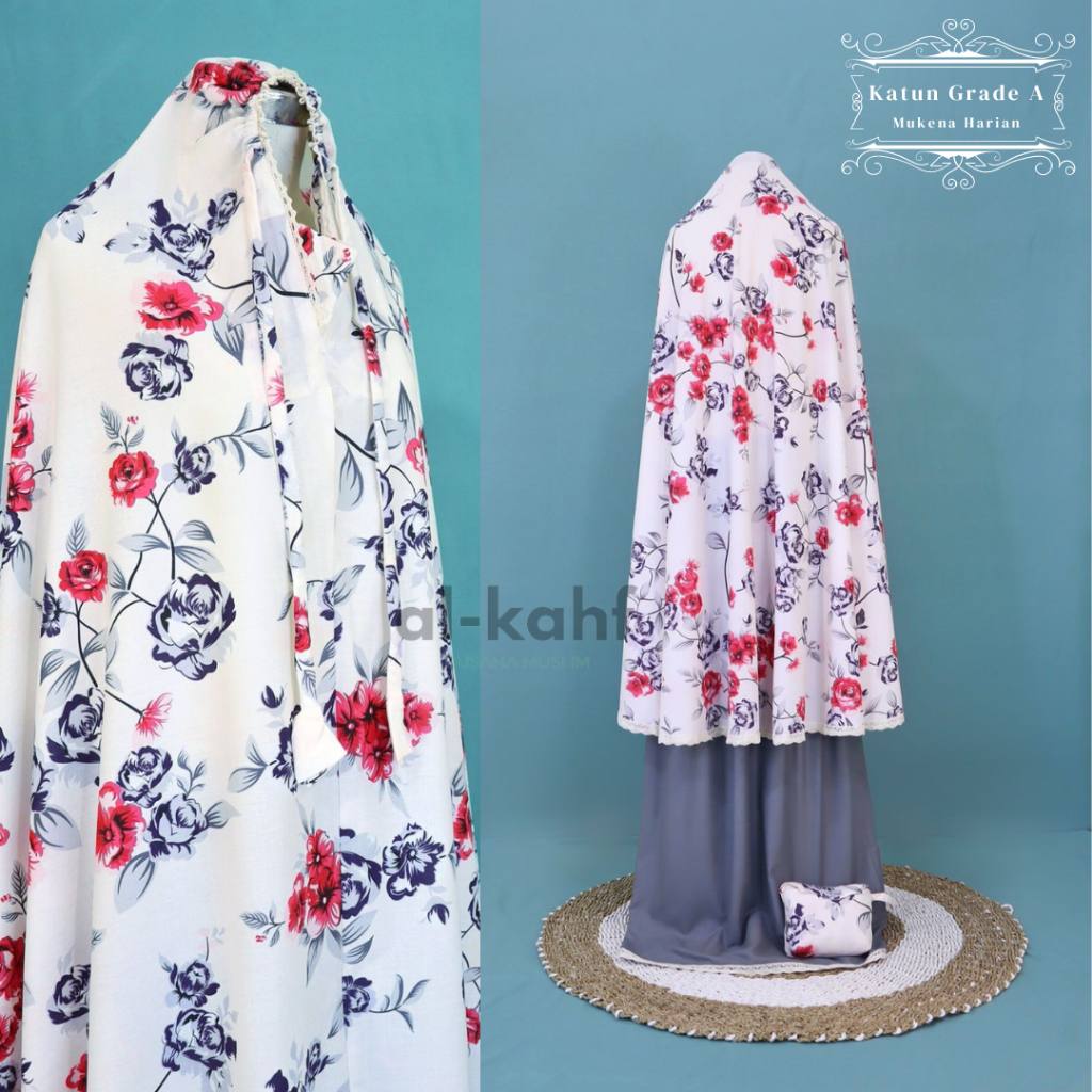 ALKAHF.ID -Mukena Remaja(ABG) Syar'i Bahan Katun Grade A Motif Flowers Model sepanjang masa Kode MDK