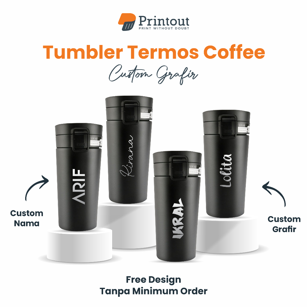 PRINTOUT Travel Mug Gelas Cangkir Kopi Coffee Termos Thermos Stainless Steel Tahan Panas Custom Grafir Laser Logo - Custom Grafir Laser Nama -  PRINOUT