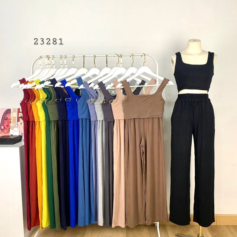23281 One Set Tangwa Crop Top Celana Panjang Kulot Basic Wanita Import Bangkok/ One Set Tangtop Polo