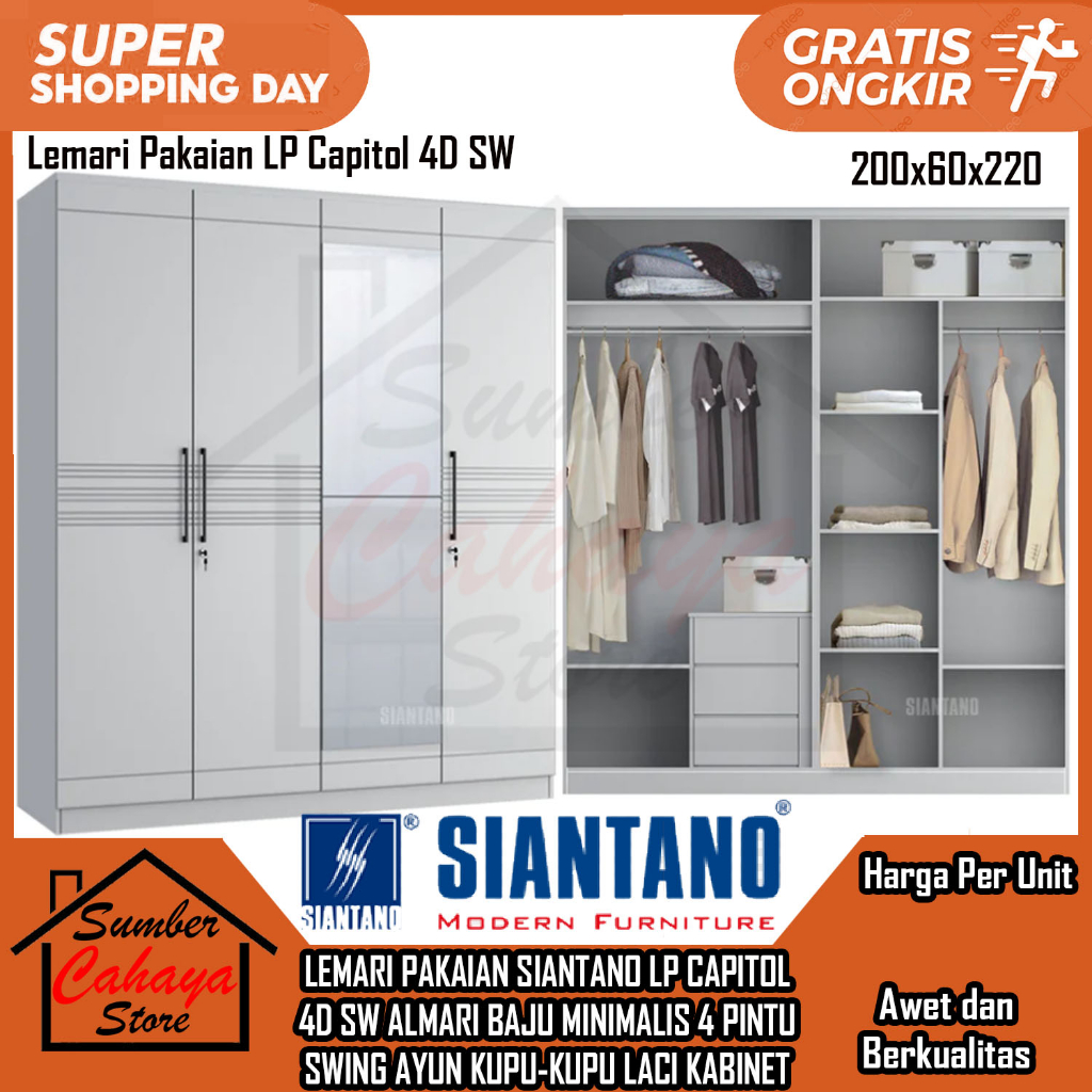 [Instan] LEMARI BAJU 4 PINTU AYUN SWING ALMARI PAKAIAN SIANTANO LP CAPITOL 3D SW KUPUKUPU BUKA TUTUP MINIMALIS RAKK JUMBO SERBAGUNA CABINET RAK KABINET MULTIFUNGSI GANTUNGAN ALMUNIUM HANDLE ALUMINIUM RAIL RELL LACI BESI KAKI ANTI SLIP CERMIN KACA FULLBODY