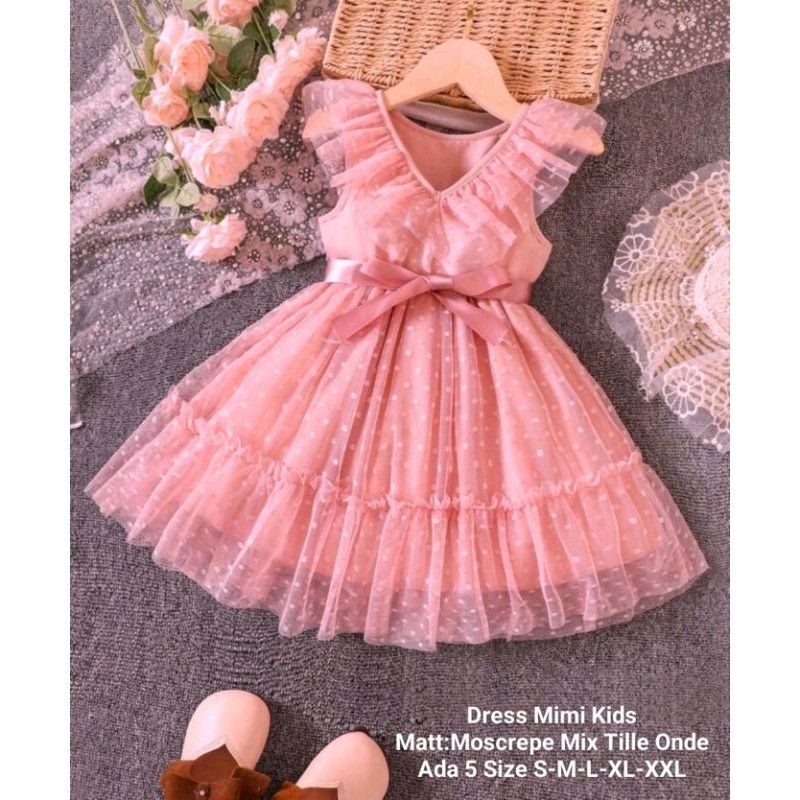 Dress Anak Perempuan Cocok Untuk Acara Pesta Model Kerutan/Dress Mimi Kids 5 Ukuran S-M-L-XL-XXL/Moscrepe Mix Tille Tutu Onde