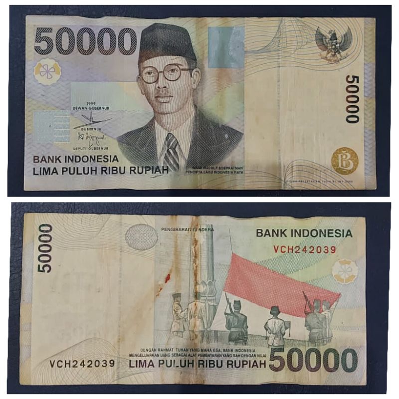 Uang Kuno Negara Indonesia 50.000 50rb Wr Supratman Tahun 1999 Kondisi AXF Kertas Renyah Original 10