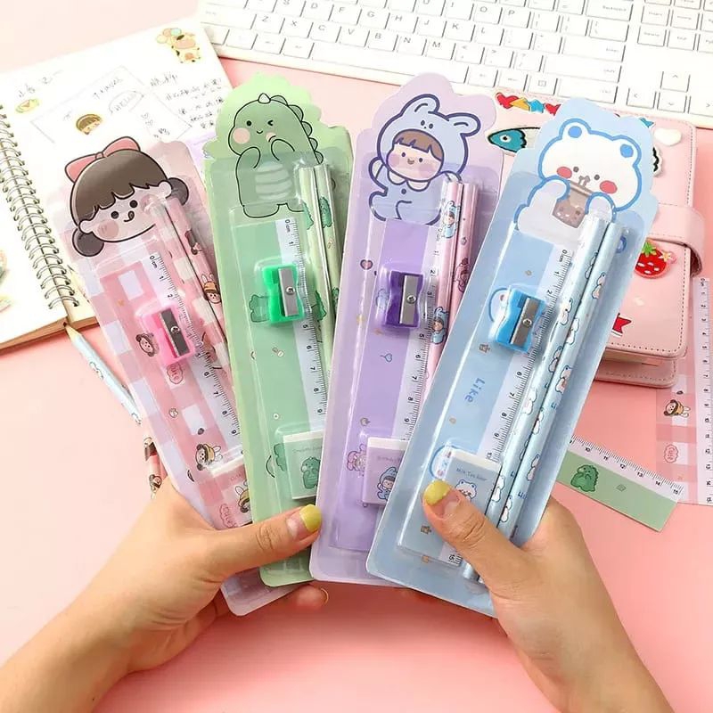 

KIANDAA 1 SET ALAT TULIS 5 in 1 pensil penghapus penggaris rautan karakter lucu warna warni