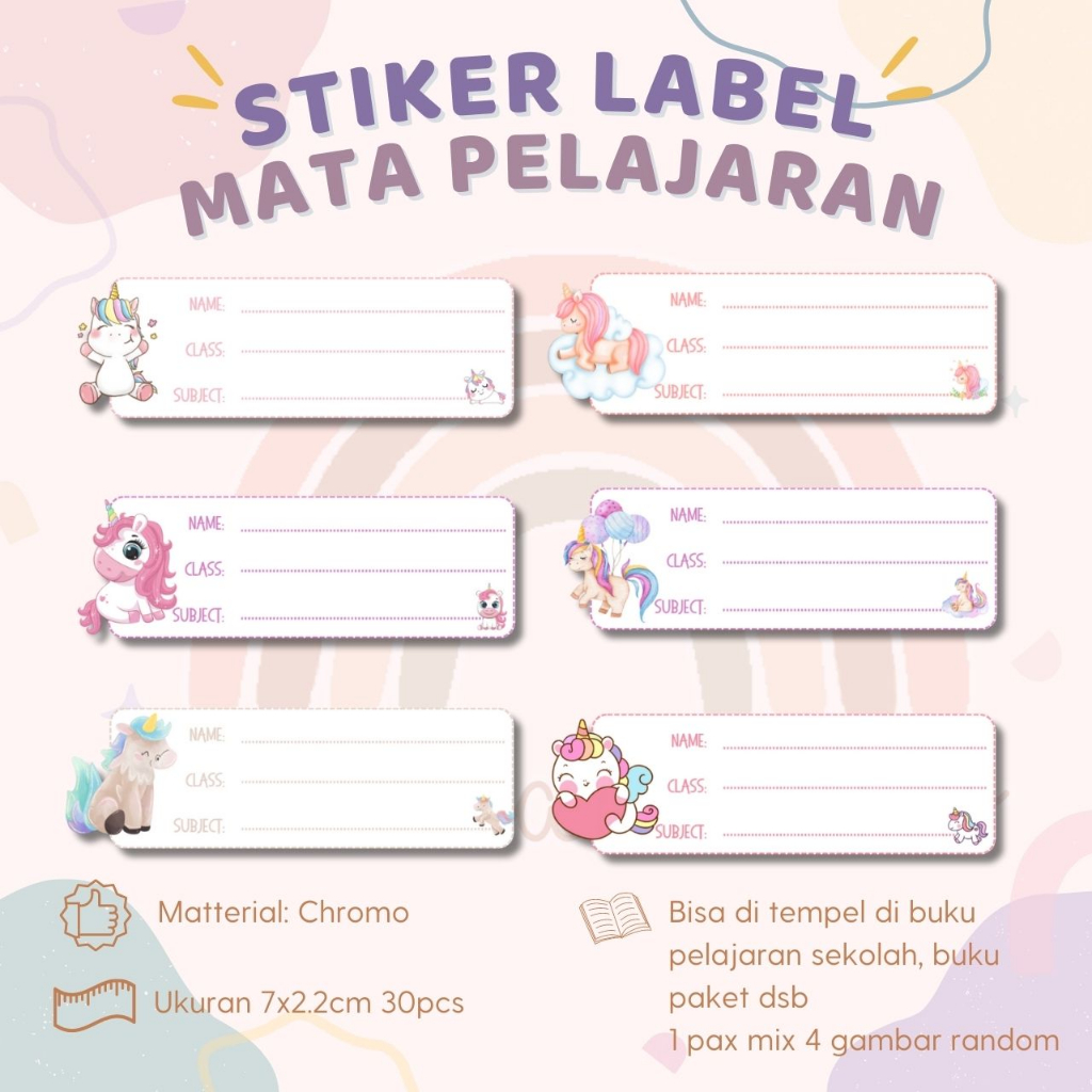 

30 STIKER MATA PELAJARAN UNICORN STIKER BUKU SEKOLAH