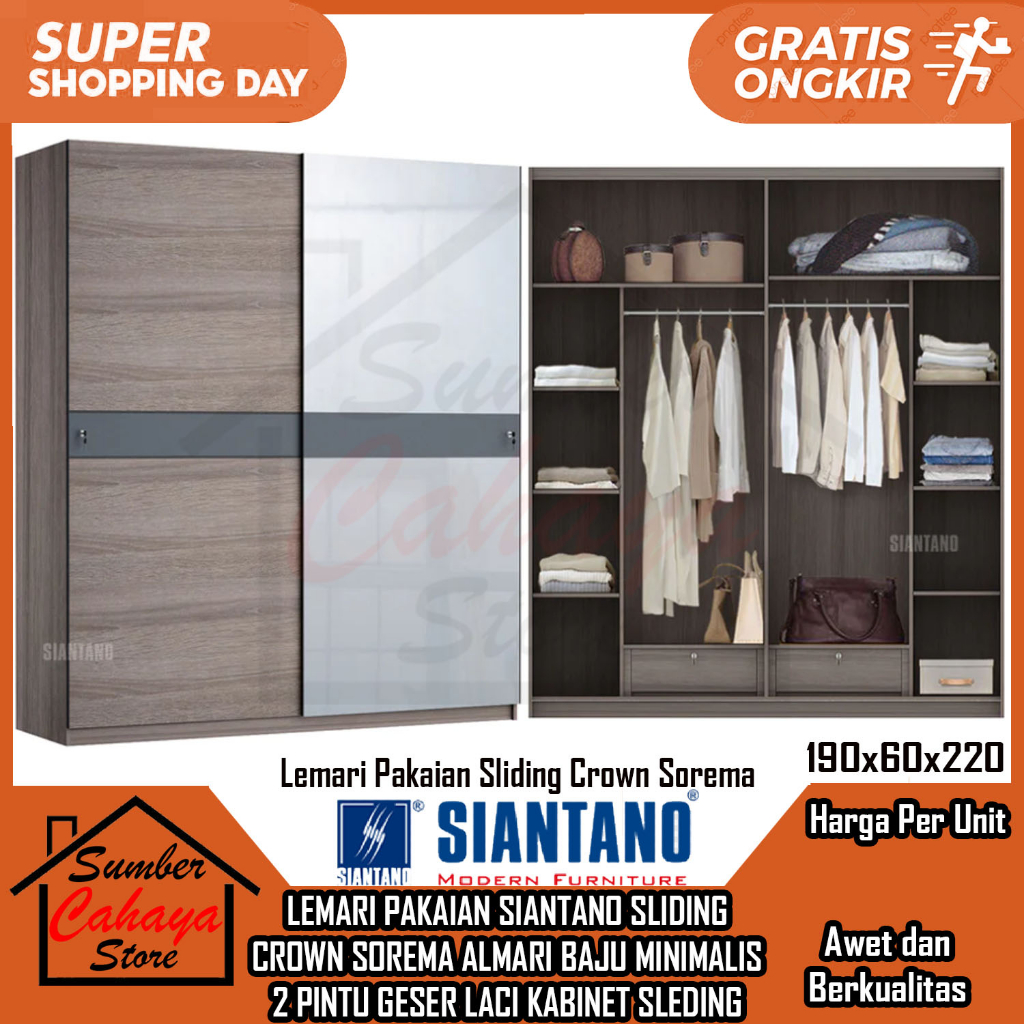 [Instan] ALMARI PAKAIAN 2 PINTU GESER LEMARI BAJU SIANTANO SLIDING CROWN SOREMA CABINET SILIDING SEL