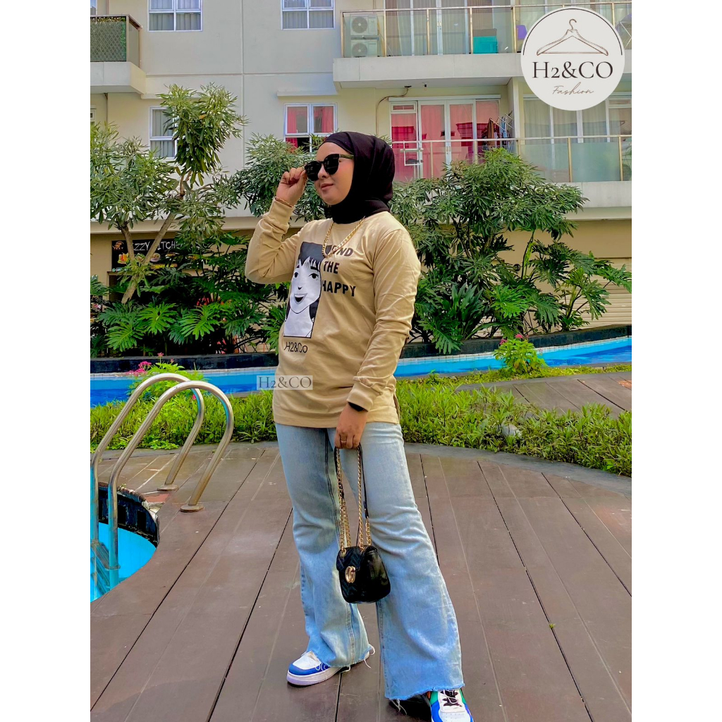 Kaos Wanita Tangan Panjang Original H2&CO Cartoon Cream