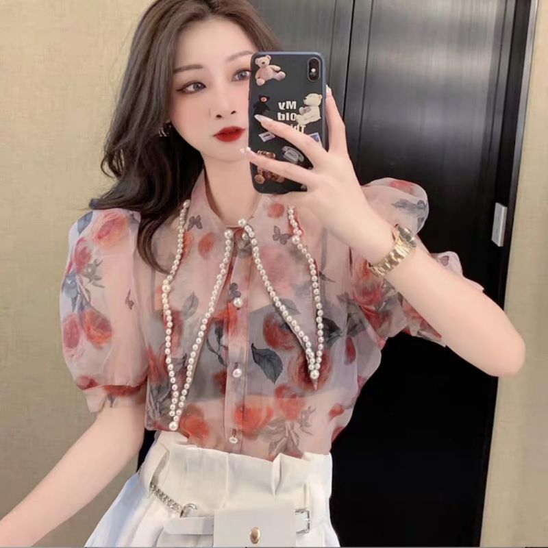 2271 Atasan baju blus blouse kemeja lengan pendek balon bunga bunga cantik manis simpel mewah elegan