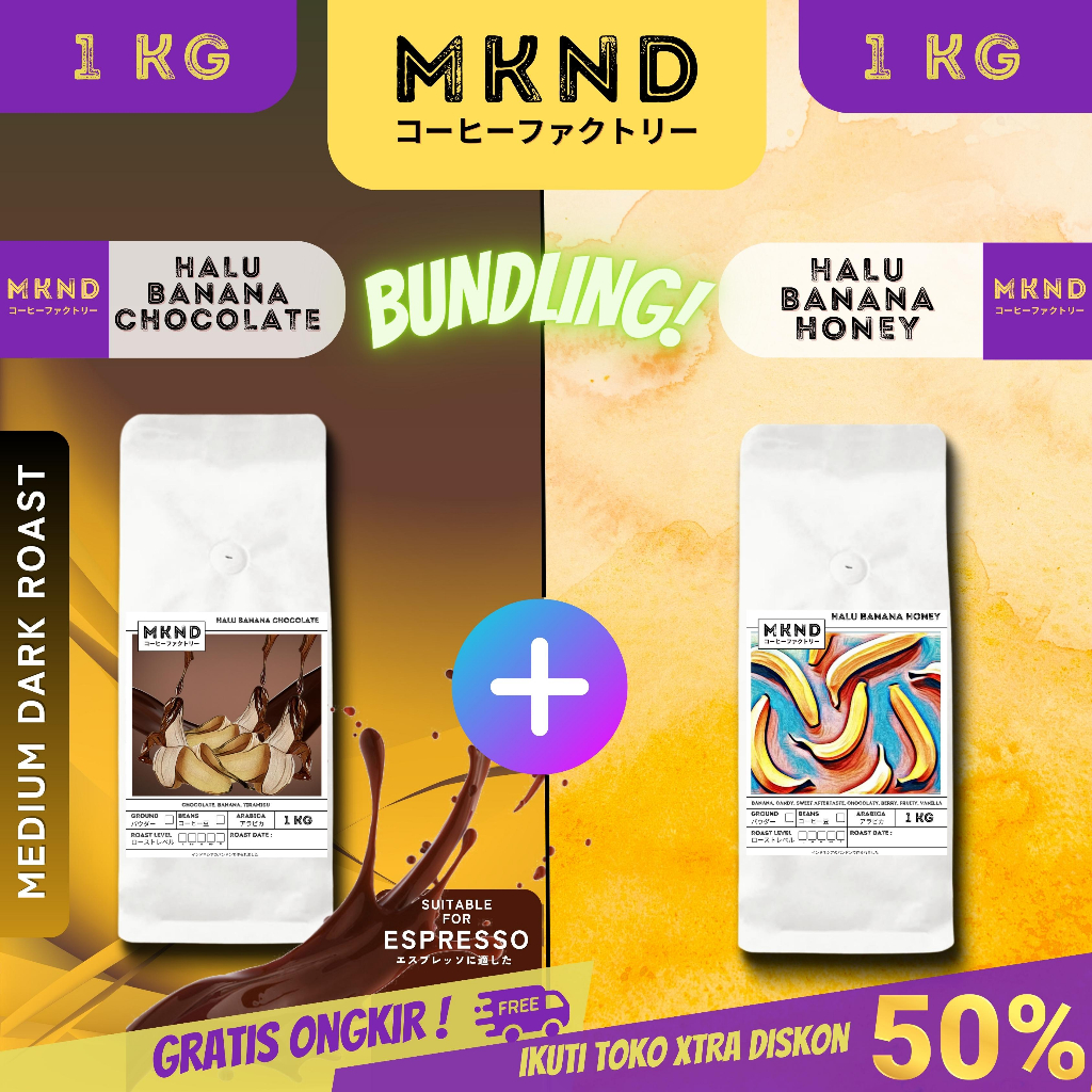 

MKND® BUNDLING HEMAT 2X1KG ESPRESSO HALU BANANA CHOCOLATE (MD) + KOPI ARABIKA HALU BANANA HONEY | BIJI BUBUK | SINGLE ORIGIN | PREMIUM COFFE | ROASTED BEANS | MANUAL BREW | COFFE ROASTERY