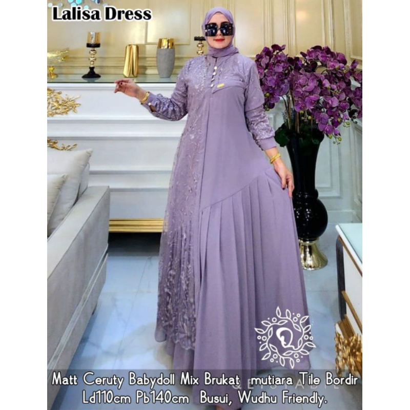 Vanesa dress ceruty/Lalisa Dress plakat /.gamis ceruty mix Brukat/Mahira Brokat dress/gamis wanita m