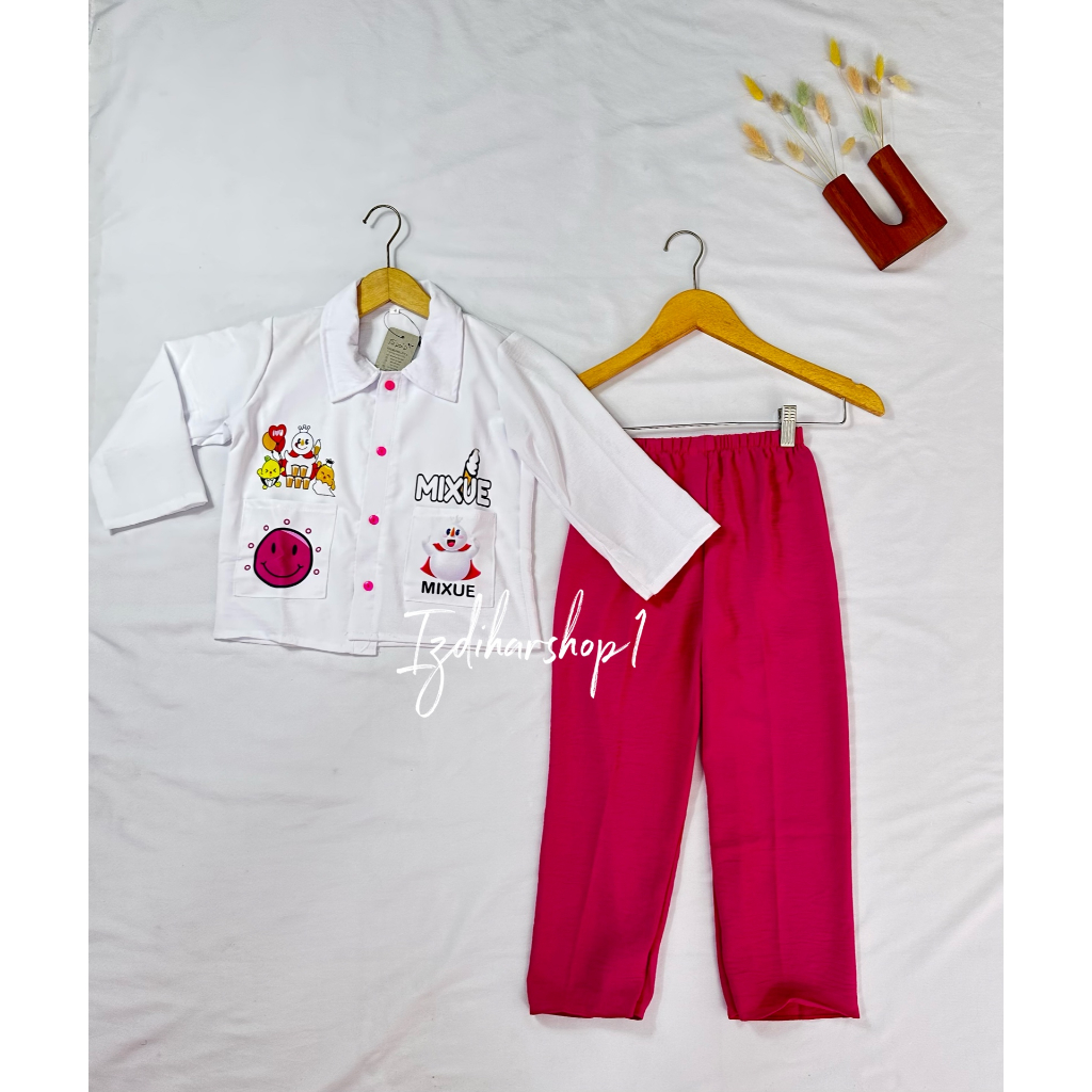 Setelan mixue Setelan anak perempuan usia 3-12 tahun Baju anak motif mixue Bahan crinkle airflow