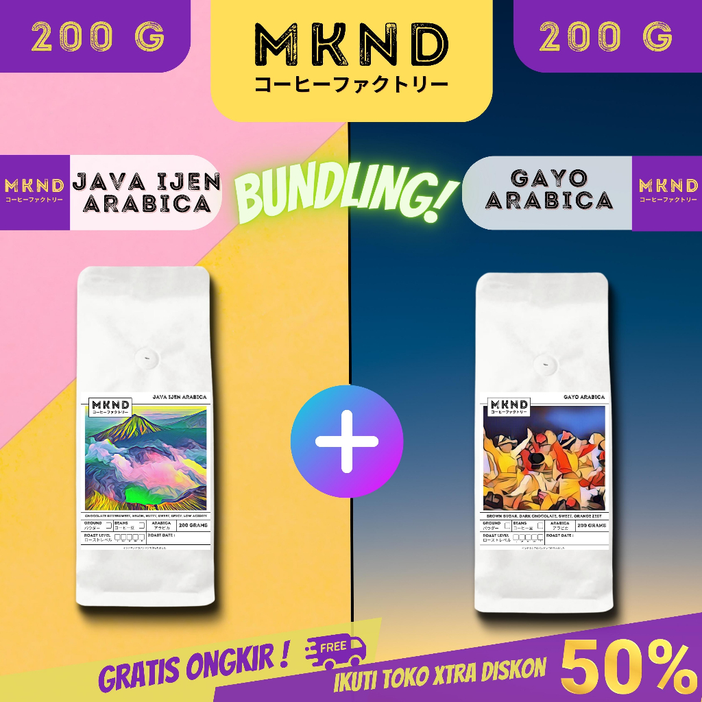 

MKND® BUNDLING HEMAT 2X200 KOPI ARABIKA ACEH GAYO GRADE 1 + ARABIKA JAVA IJEN NATURAL PROMO DISCON | BIJI BUBUK | SINGLE ORIGIN | PREMIUM COFFE | ROASTED BEANS | MANUAL BREW | COFFE ROASTERY