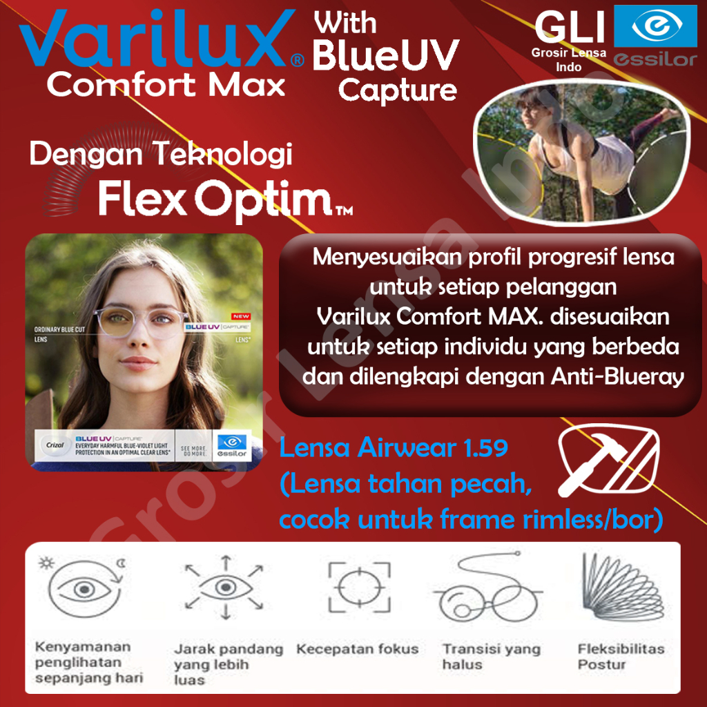 Lensa Kacamata Progresif ESSILOR Varilux Comfort Max with Blue UV Capture Airwear 1.59 Crizal Rock /