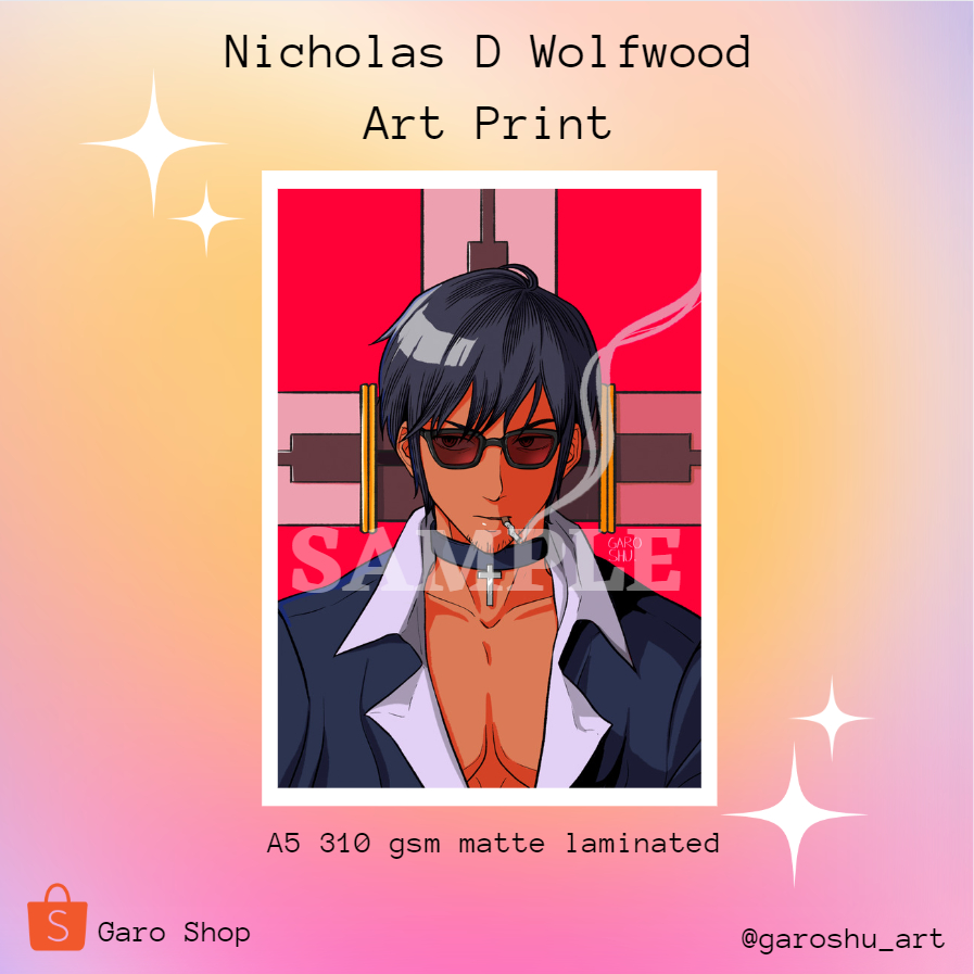 Trigun Nicholas D Wolfwood Art Print Fan Merch by Garoshu