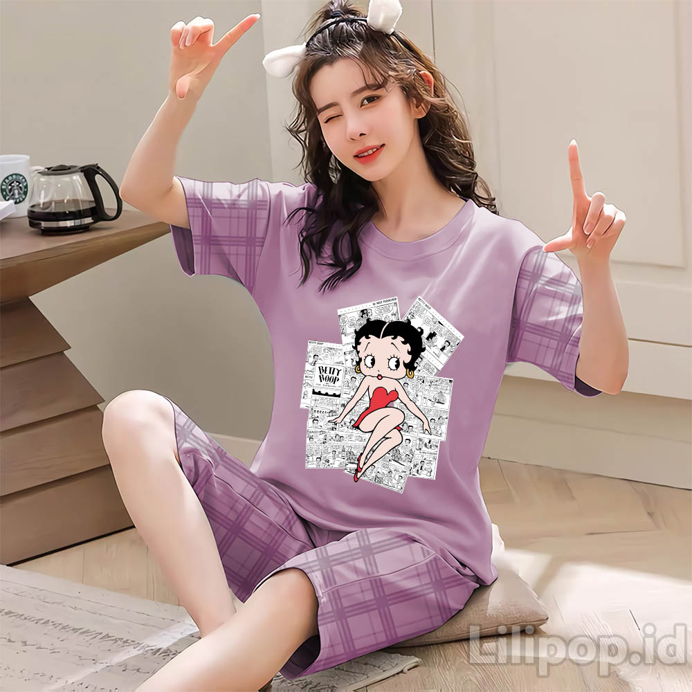 Lilipop.id  Baju Tidur Wanita 3/4 All Size Standar Betty Bo Setelan Piyama BabyDoll Kaos Celana Pendek