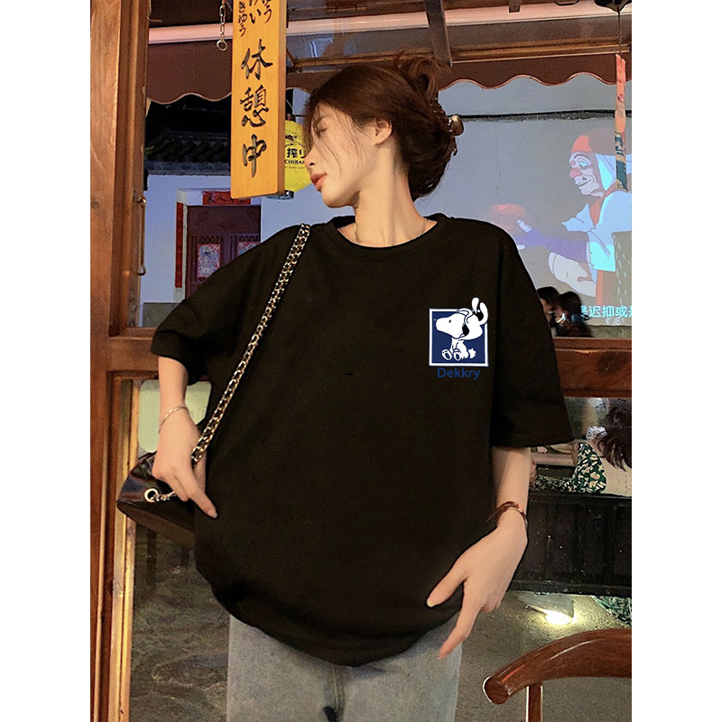 Blue Snoopy Kaos Hitam Lengan Pendek Wanita Kekinian Graphic T-shirt Oversize