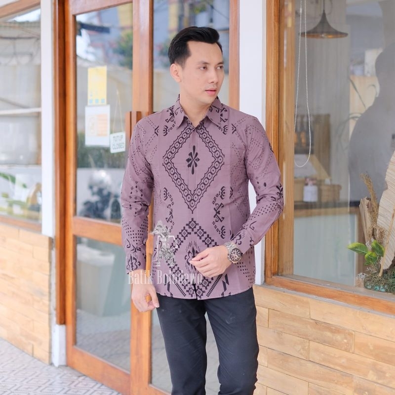 BATIK BOLO DEWO Motif Permata Kemeja Baju Batik Pria Lengan Panjang Lapis furing Hem Atasan