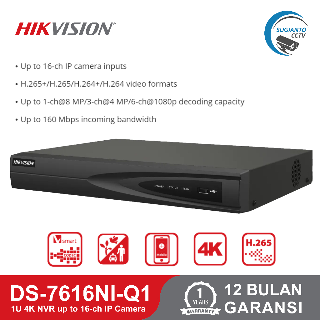 NVR HikVision DS-7616NI-Q1 1U 4K NVR Up To 16-ch IP Camera Inputs